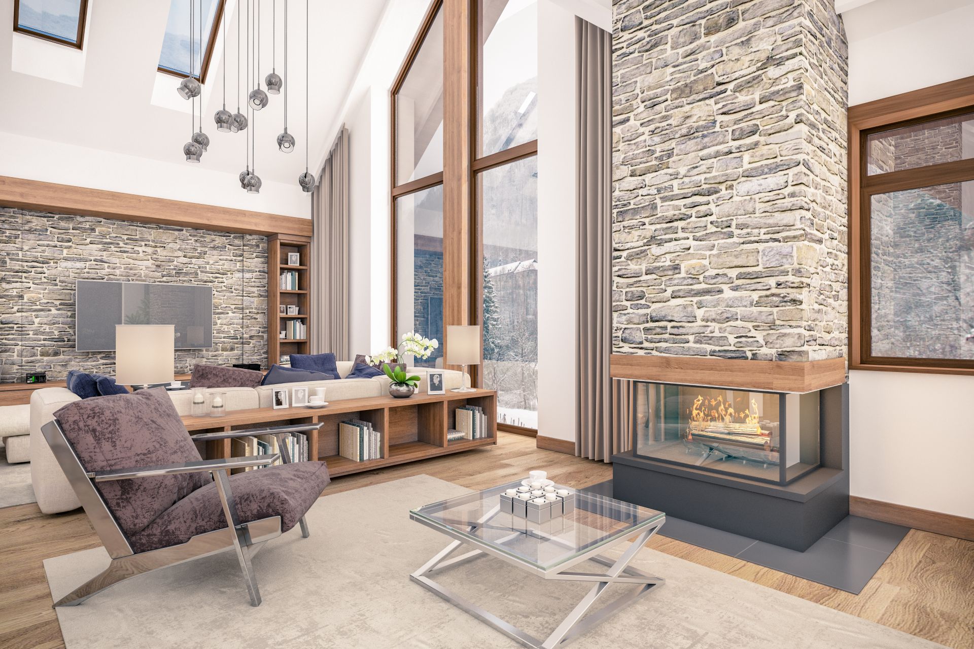 3D rendering of living room, kitchen and dining room and stair are combined in one area of chalet.