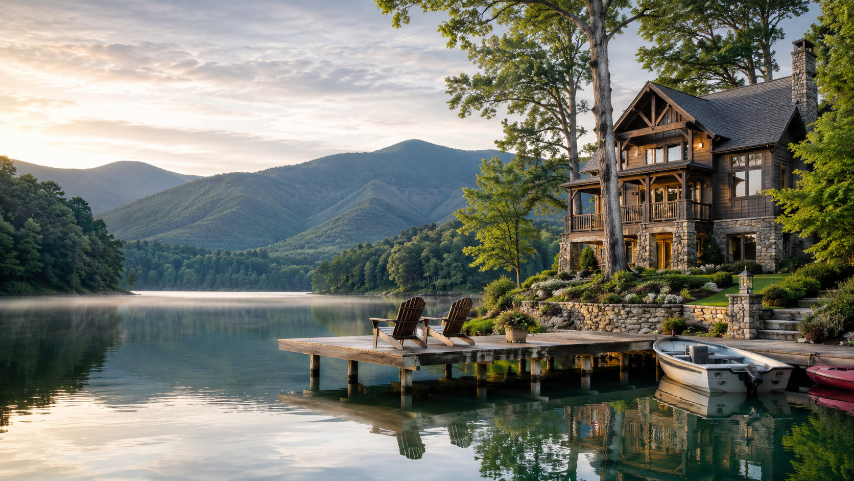 Serene Lake Santeetlah lakeside morning with rush charm