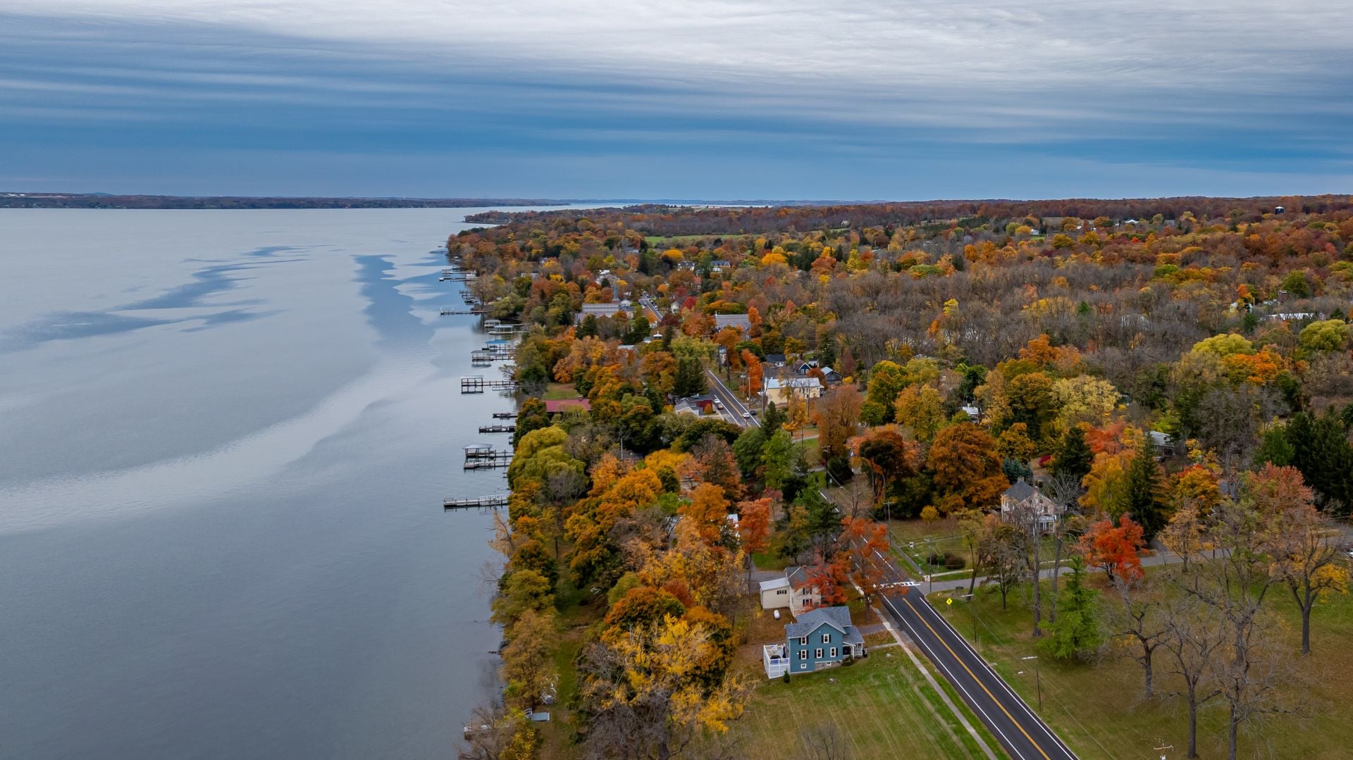 Aerial photo of the fall foliage surrounding the Village of Aurora, Cayuga County, New York State, October 2024