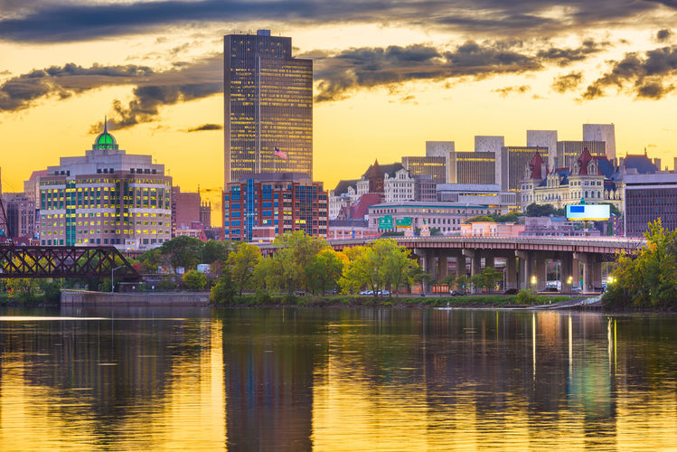 Albany, New York, USA skyline on the Hudson River at sunset. (1)