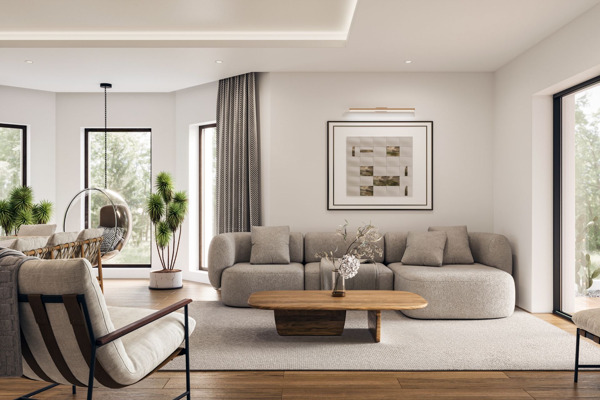 Open space living room and kitchen interior with large windows, TV wall, gray sofa, dining table and hardwood flooring. Modern design solution, 3d rendering
