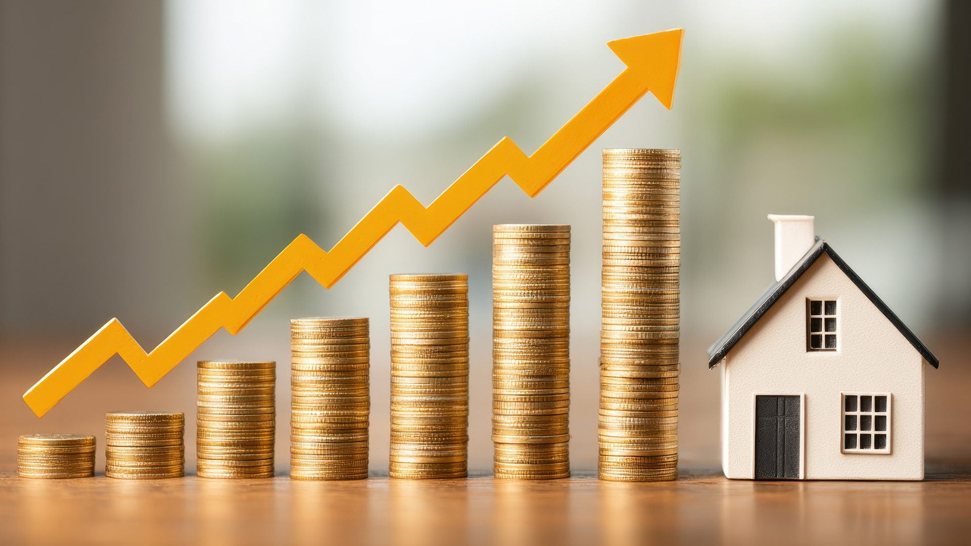 Rising orange arrow over stacks of coins beside a small model house.