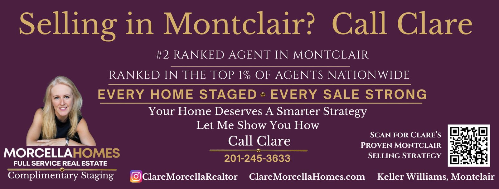 Morcella Homes banner: Selling in Montclair? Call Clare at 201-245-3633. #2 ranked agent in Montclair, top 1% nationwide, with complimentary staging.