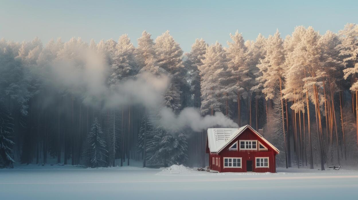 ai-generated-a-bright-burgundy-wooden-house-stands-alone-in-the-middle-of-a-large-winter-forest-free-photo
