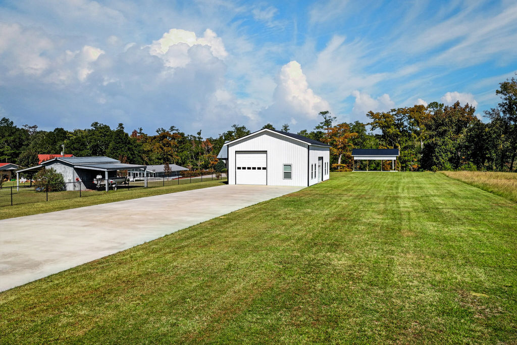 Aerial view of the concrete drive and metal shop, 11 Gulley Ln, Salters SC