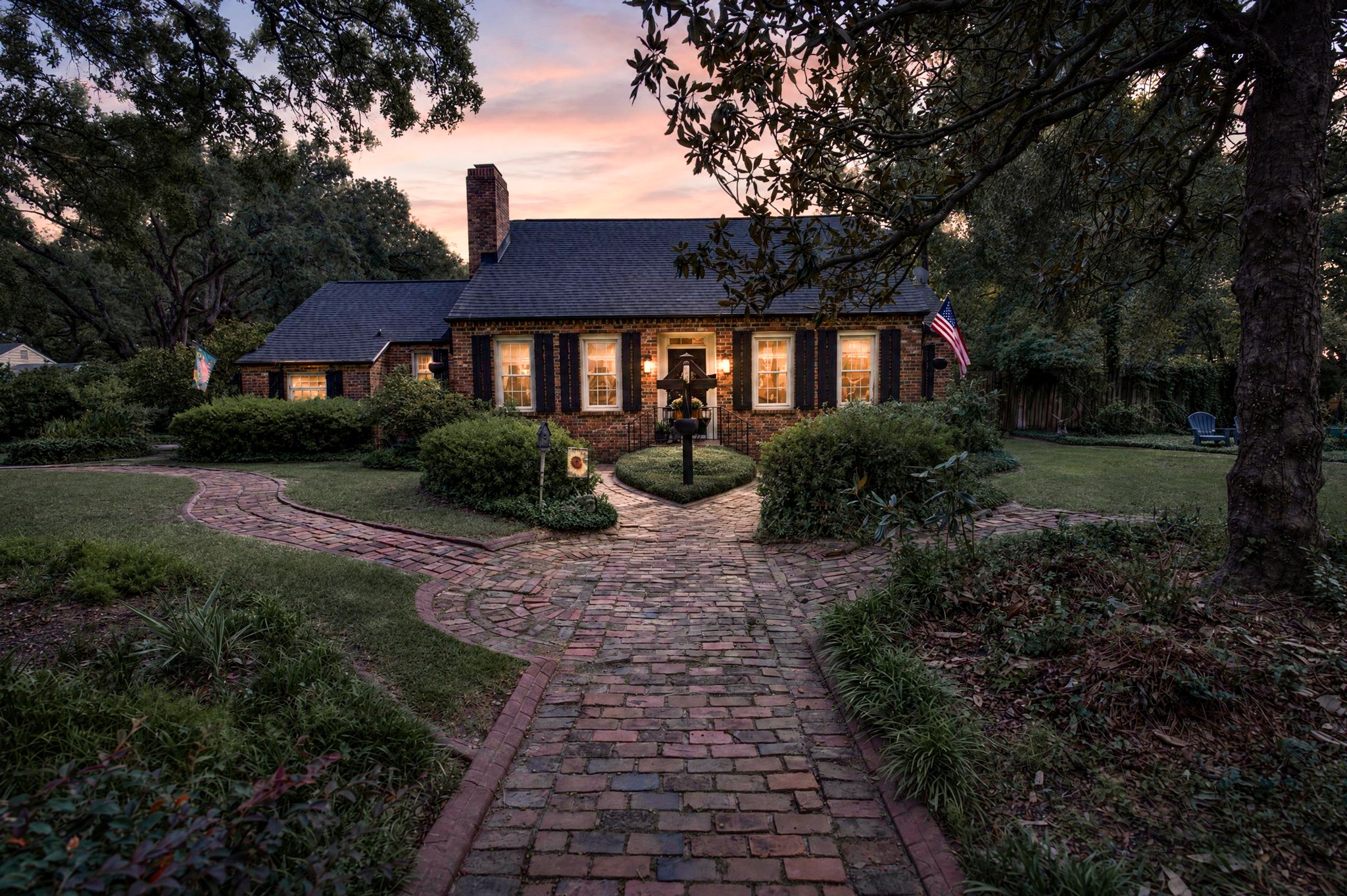 Brick walk at twilight leading to the front door of 500 Orange St, Georgetown SC