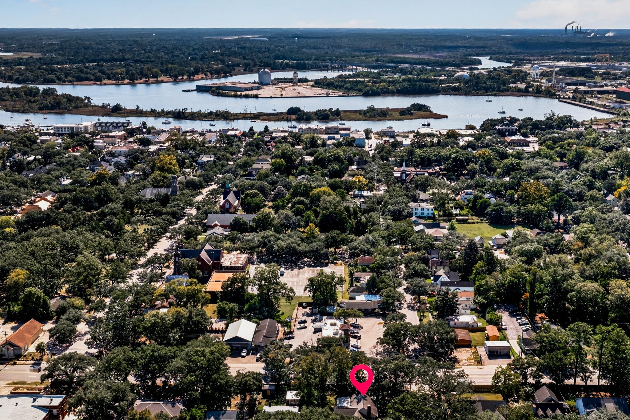 Aerial view over the Willowbank neighborhood toward Winyah Bay in Georgetown SC