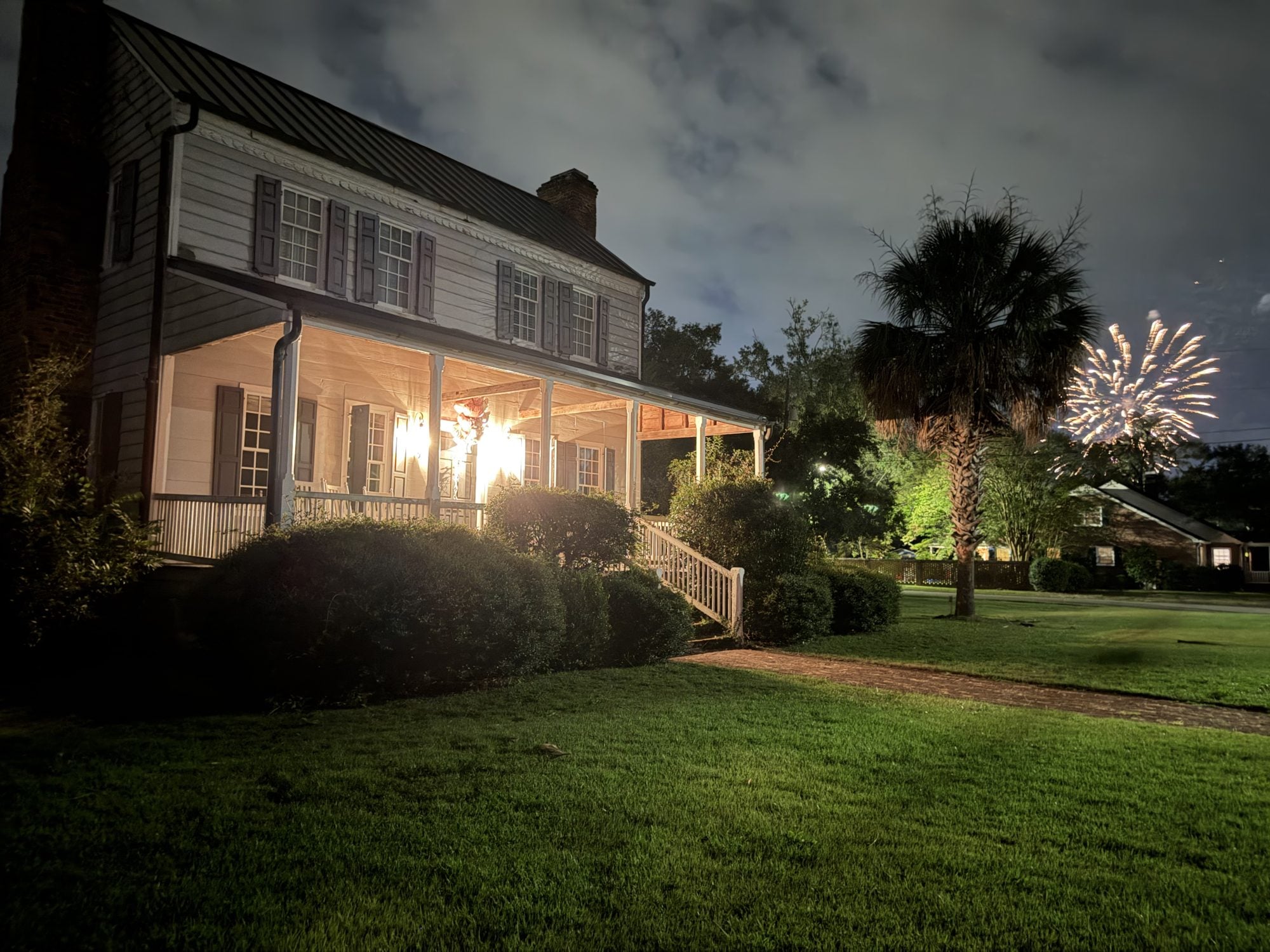 300 N. Academy Street in Kingstree, SC, a historic home moved from Salters, lit at night