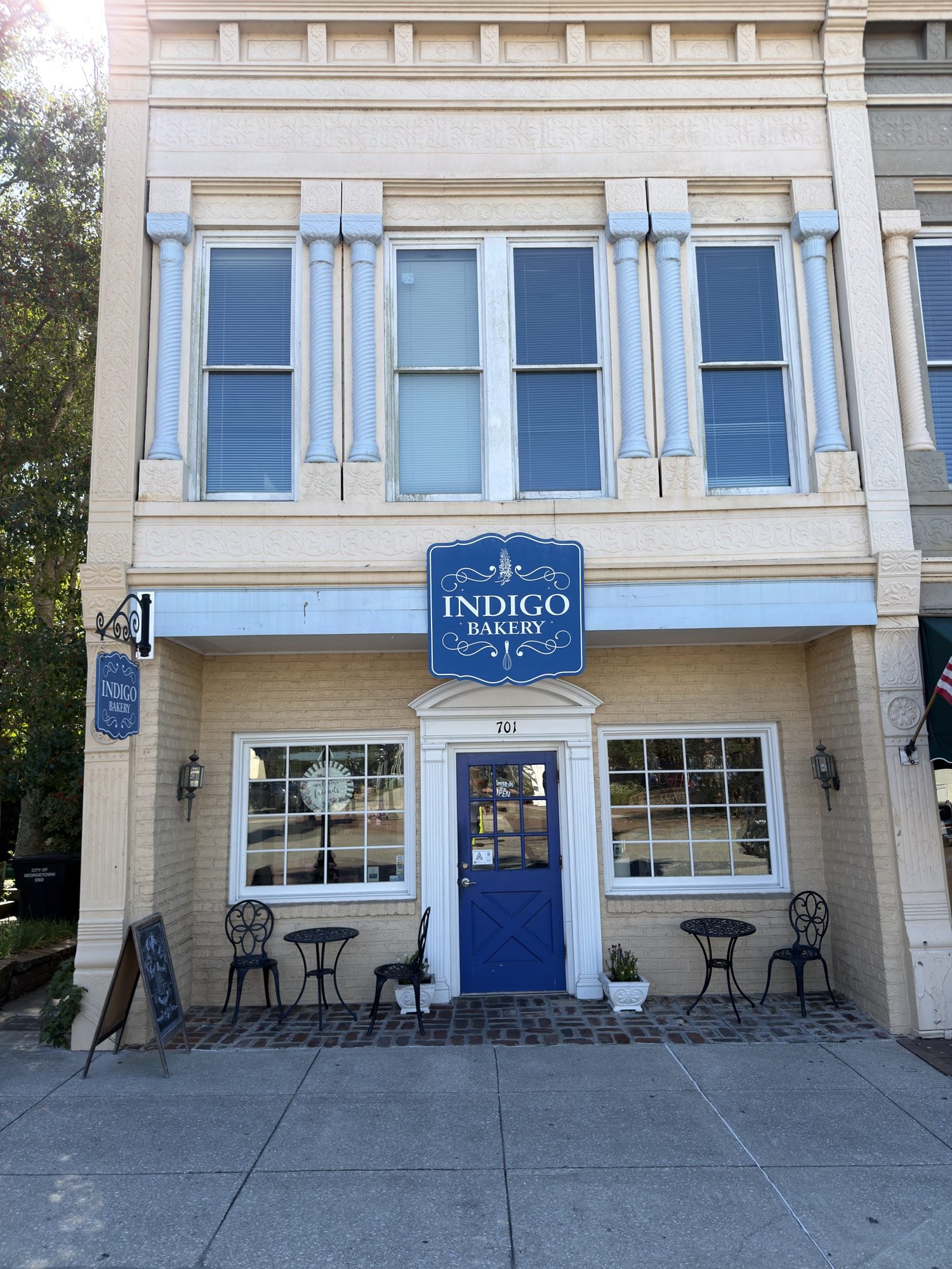 Indigo Bakery storefront at 701 Front Street in historic downtown Georgetown, SC