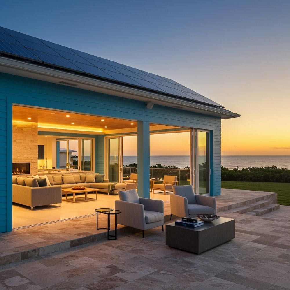Beachside luxury house scene of florida blue house with solar panels