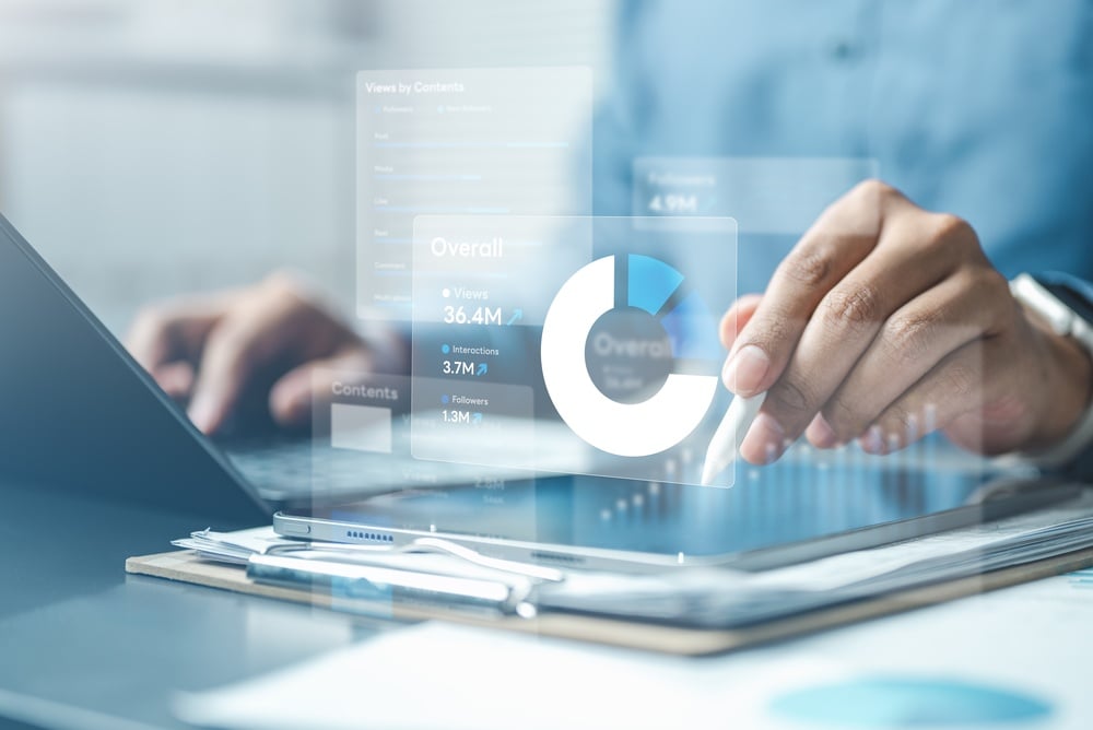 Real estate professional reviewing housing market data and performance analytics on a digital dashboard