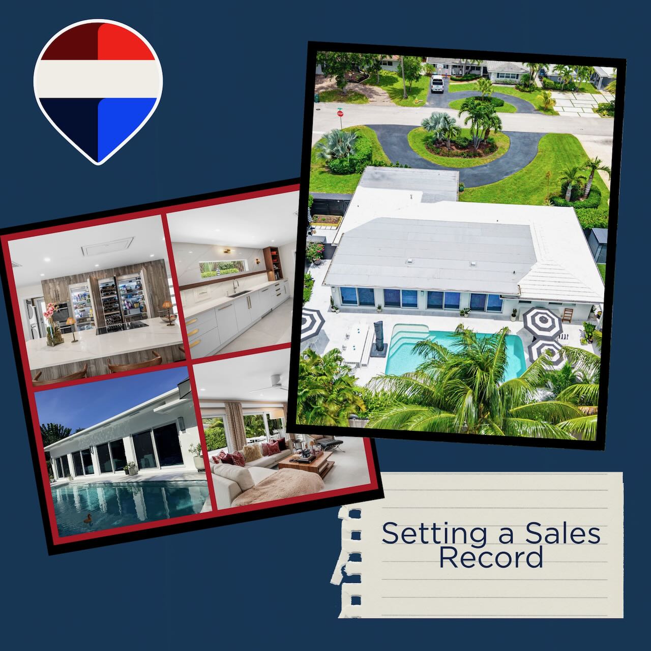Aerial view and remodeled kitchen and pool photos of 3481 NE 18th Ave, Oakland Park, FL, record-breaking home sale.