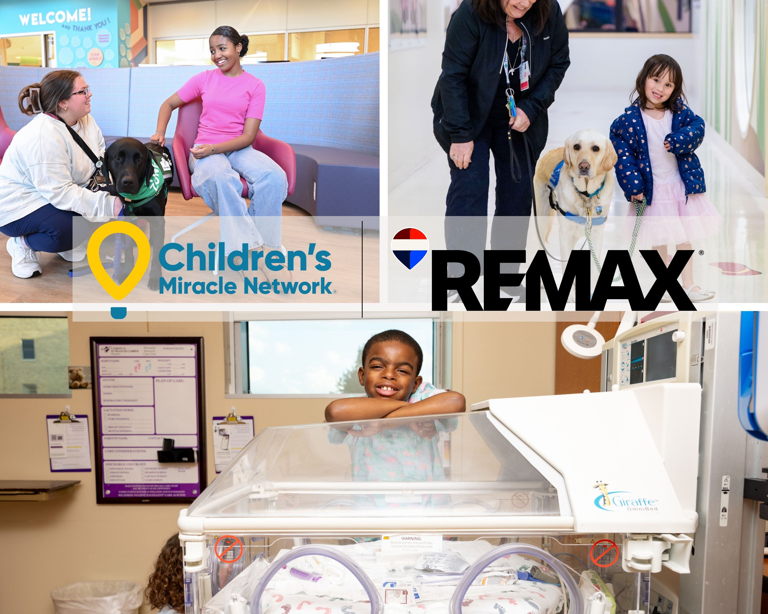 Children's Miracle Network and RE/MAX Miracle Home Program collage showing pediatric hospital patients, a therapy dog visit, and neonatal care equipment funded by local donations