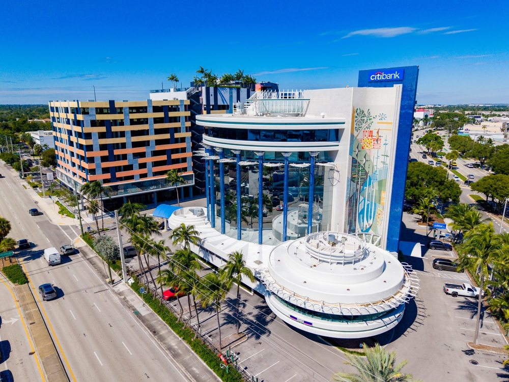 Aerial view of the Citibank building distinctive round, tiered architecture in Oakland Park, Florida