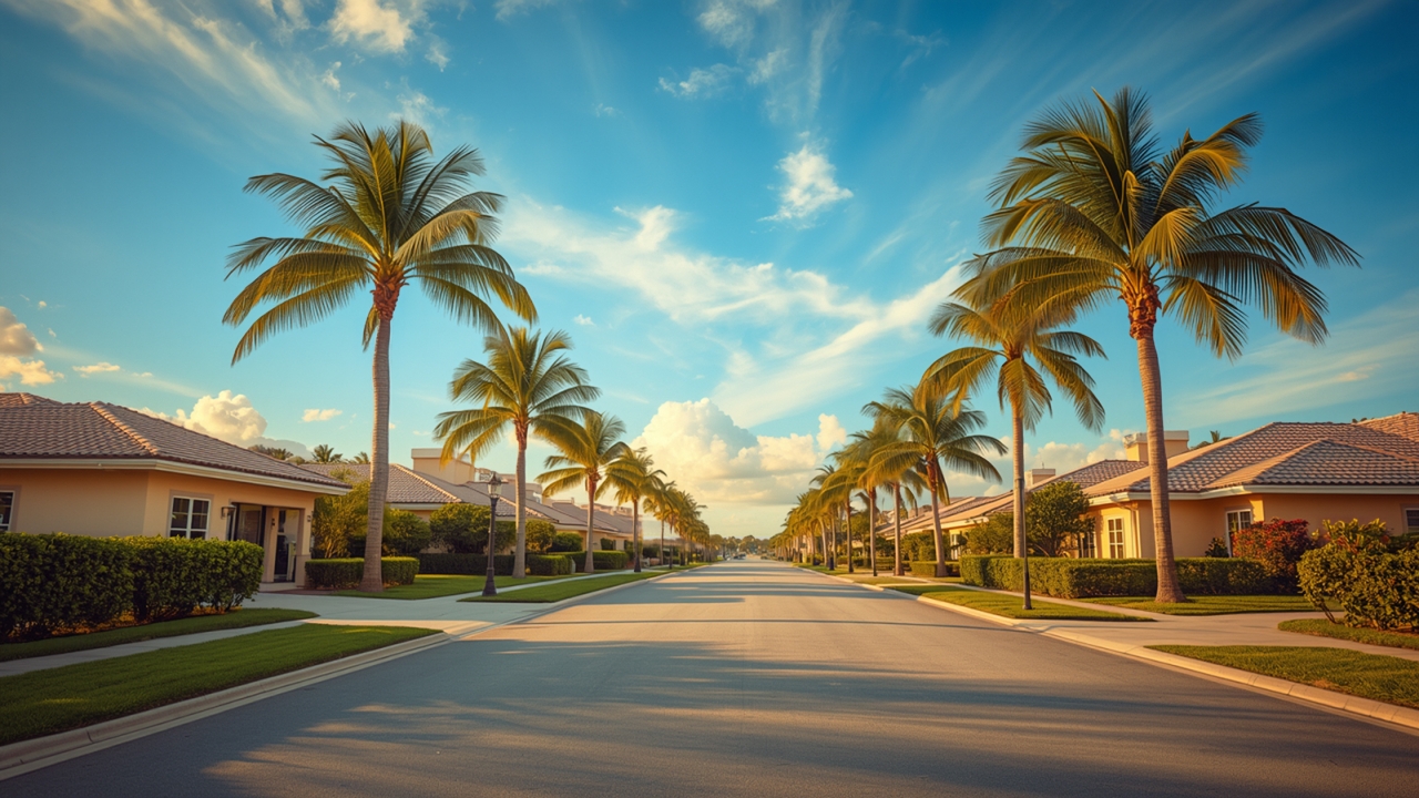 Palm tree lined residential street in a South Florida neighborhood at golden hour, representing homes for sale in Fort Lauderdale, Wilton Manors, and Oakland Park