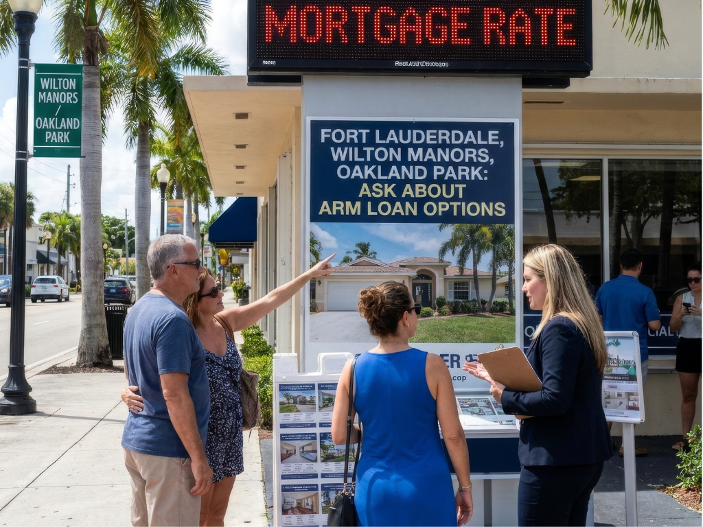 Realtor discusses ARM loan options with home buyers in Wilton Manors and Oakland Park as a 7.17% mortgage rate sign displays behind them