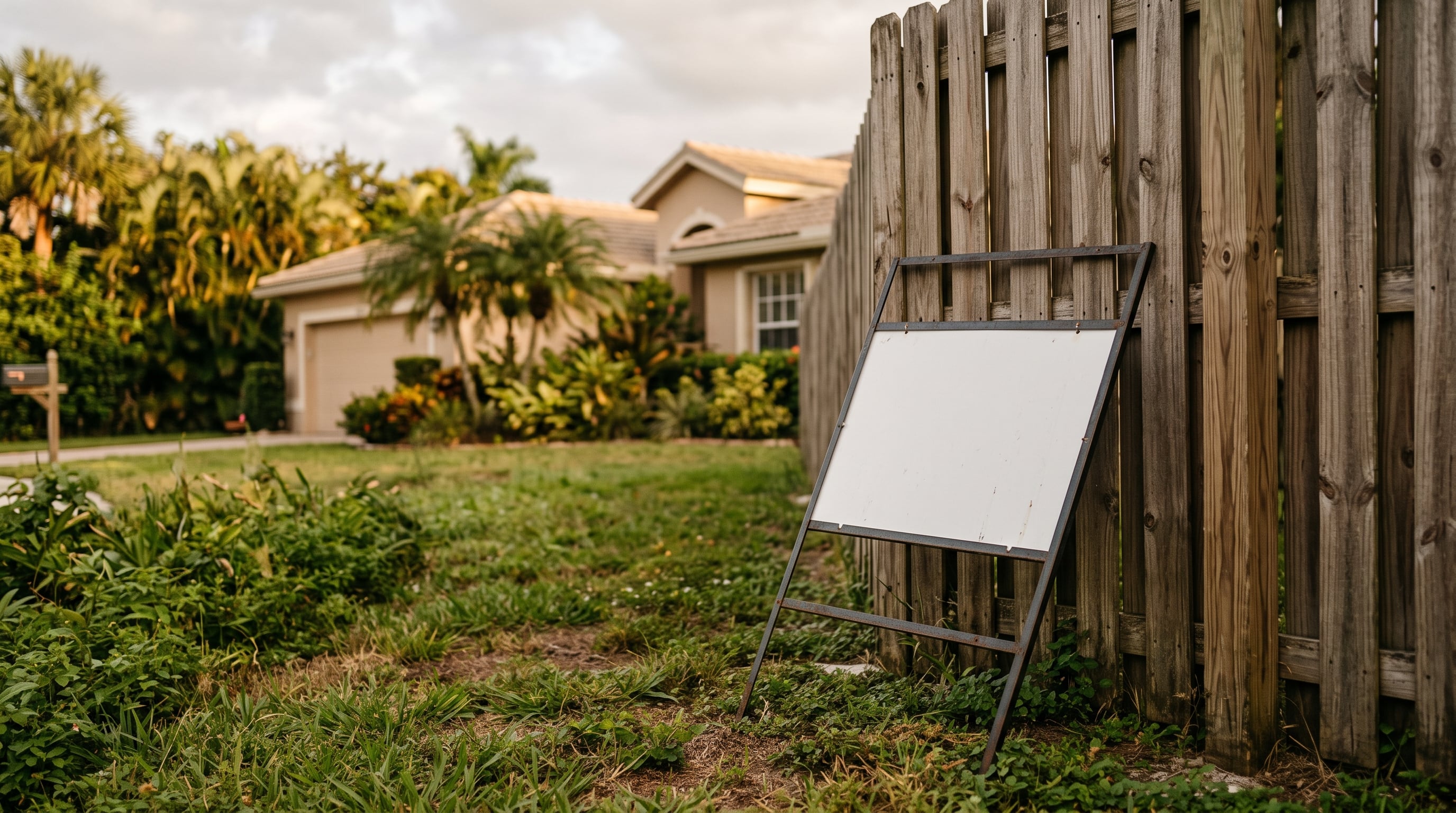 A blank real estate sign taken down and leaning against a backyard fence instead of staked in the front lawn of a Florida home, representing a withdrawn conditional listing.