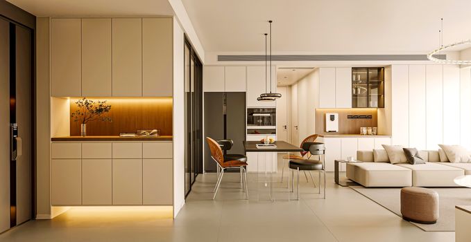 A,Bright,,Modern,Open-plan,Space,Featuring,A,Light-toned,Kitchen,With