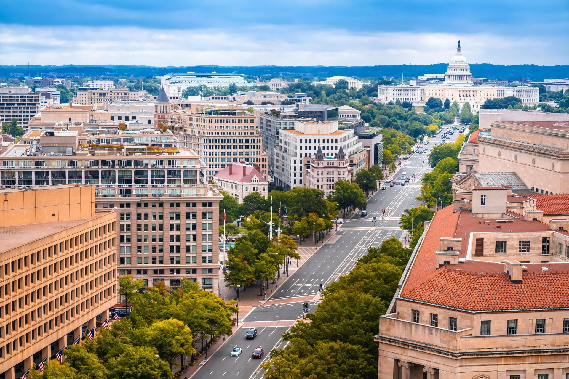 Washington DC. Aerial panoramic view of Pennsylvania Avenue landmarks and United states Congress view, USA