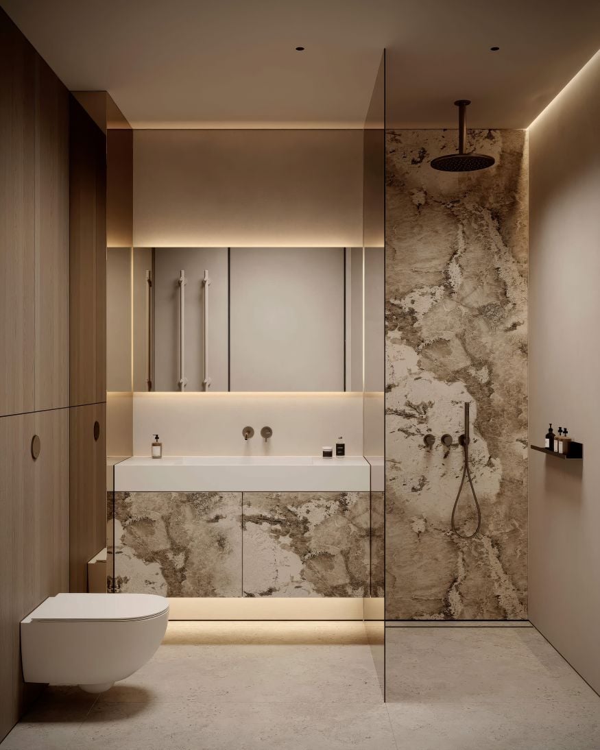 Modern bathroom with wooden accents, minimalist design, light background, concept of luxury home or hotel. 3D Rendering