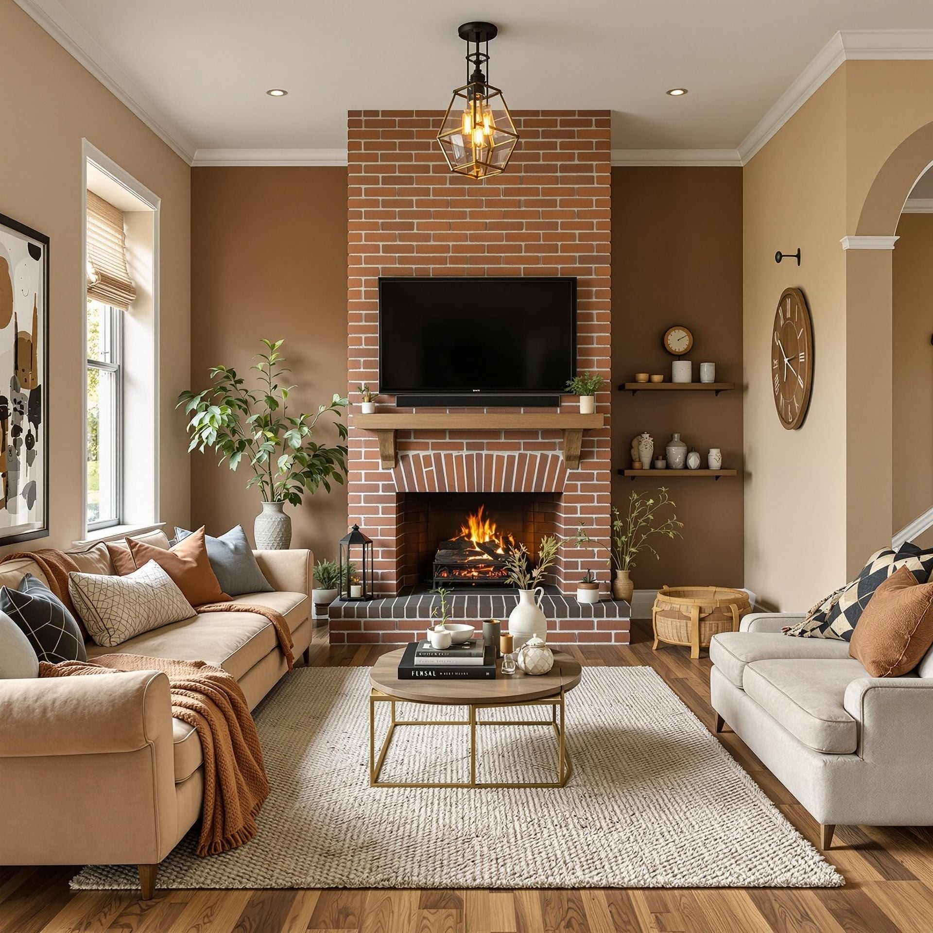 house with all rooms with earthy colors and brick on walls and cozy decoration