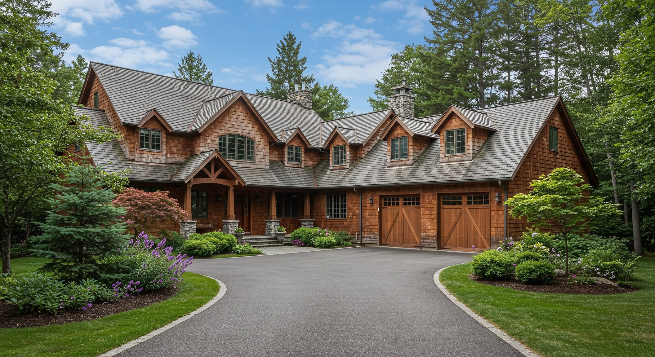 A stunning cedar wood house with a large driveway, landscaped gardens, and a double garage (1) (1) (1)