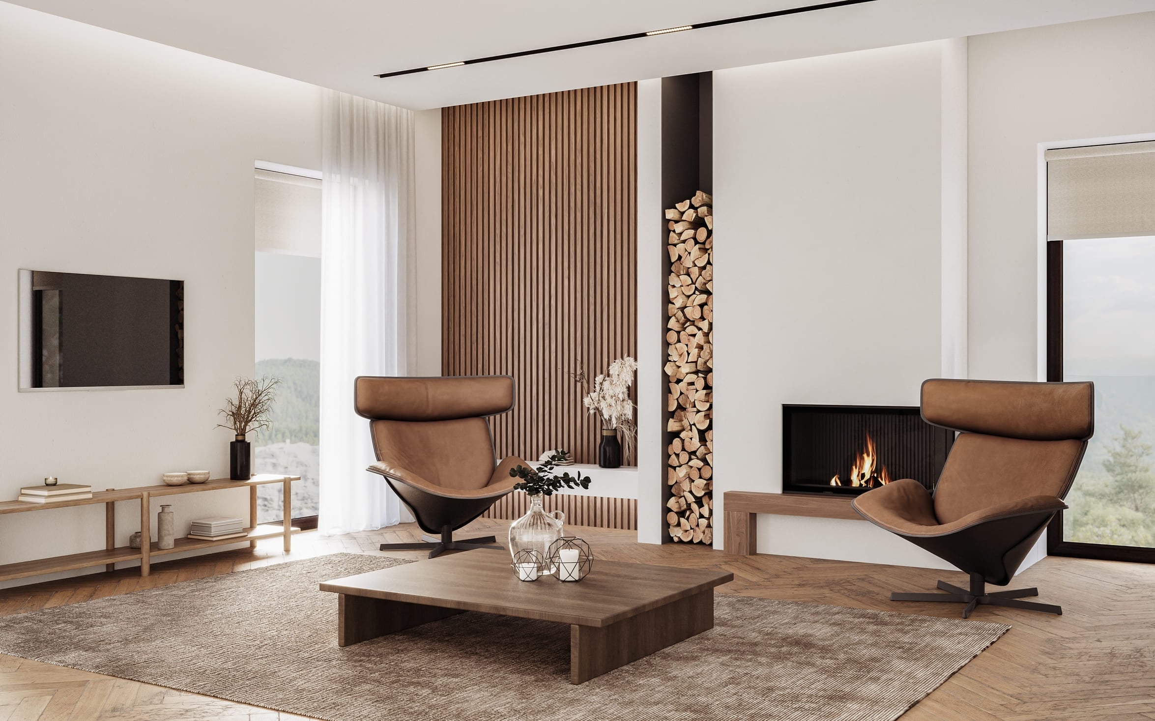 Minimalist living room interior with white walls and modern fireplace. Interior mockup, 3d render (1) (1)