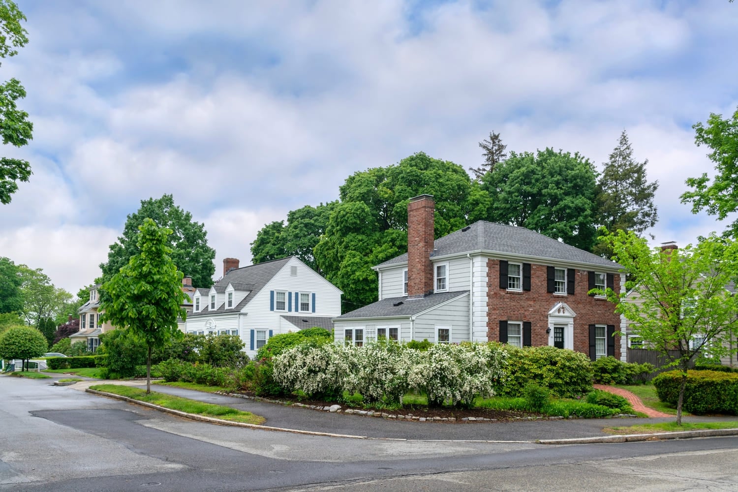 Peaceful residential street corner with vibrant landscaping and historic-style homes in Boston, Massachusetts, USA (1) (1)