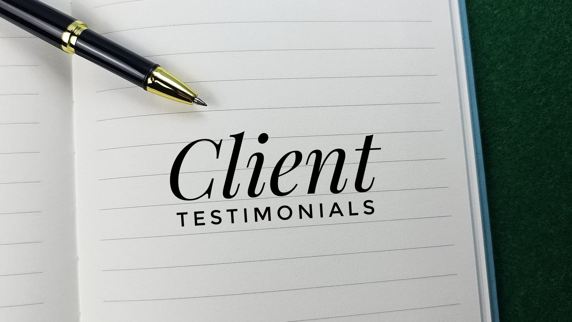 Client testimonials text on notebook page with pen representing customer reviews feedback concept for business reputation and service quality. (1)