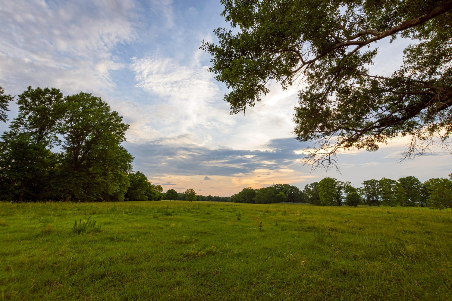 Peaceful country sunset - open pasture with no people or animals with colorful cloudscape sunset. (1)