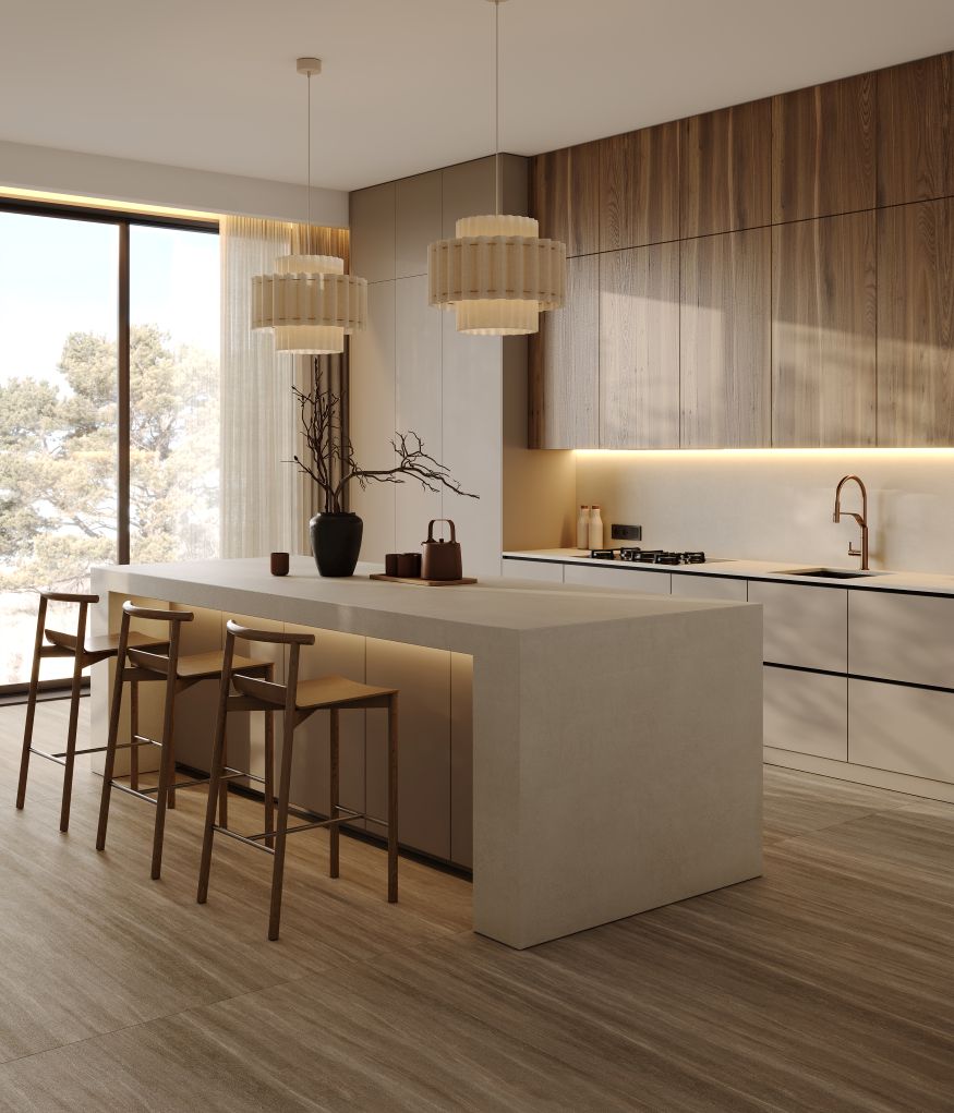 Interior of a modern house in ethnic style. Side view of a cozy beige kitchen with panoramic windows, view of the autumn forest