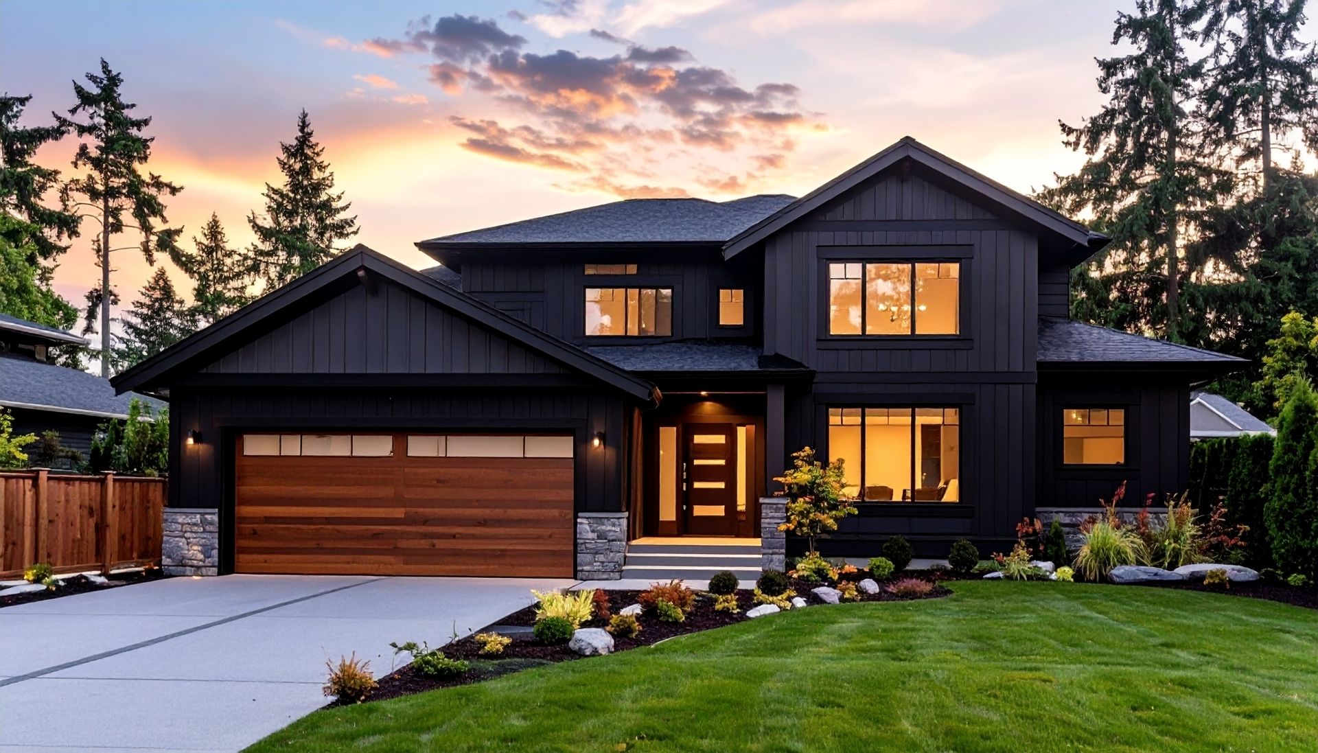 Luxury modern home with dark exterior, wood garage door, and well-maintained landscaping at sunset.
