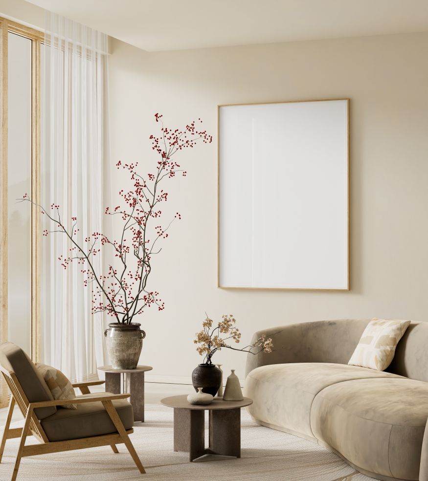 Modern minimalist living room interior mockup featuring blank wall poster frame, organic furniture forms and neutral color
