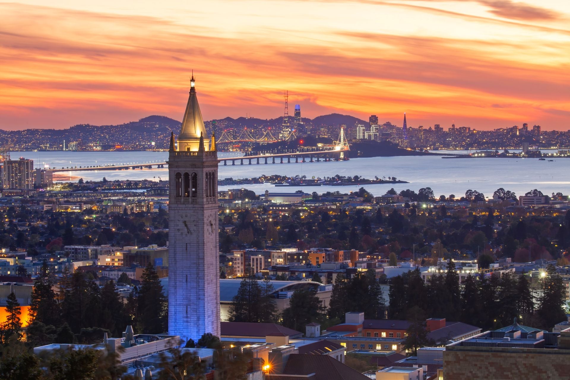 Sather Tower in UC Berkeley and San Francisco City Skyline at Sunset (1)