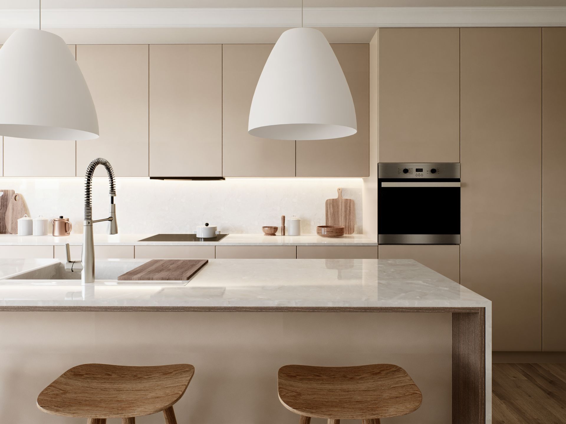 This stylish kitchen showcases a beautiful combination of neutral tones and sleek design elements that truly captivate. 3d render. 3D Illustration