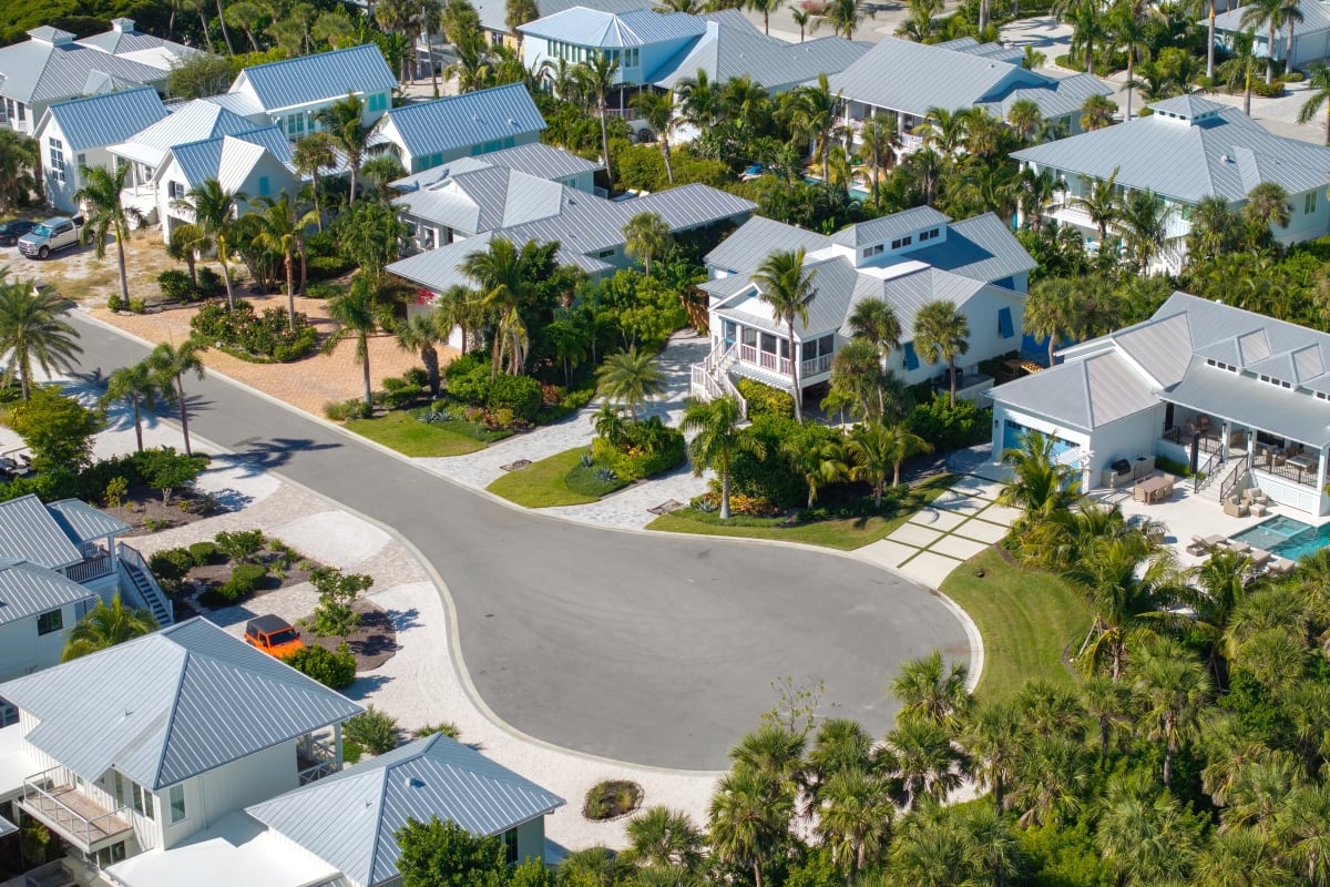 Residential houses in living area in Boca Grande, FL. American dream homes as example of real estate development in US suburbs