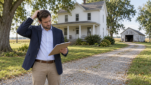 Puzzled agent outside Indiana farmhouse