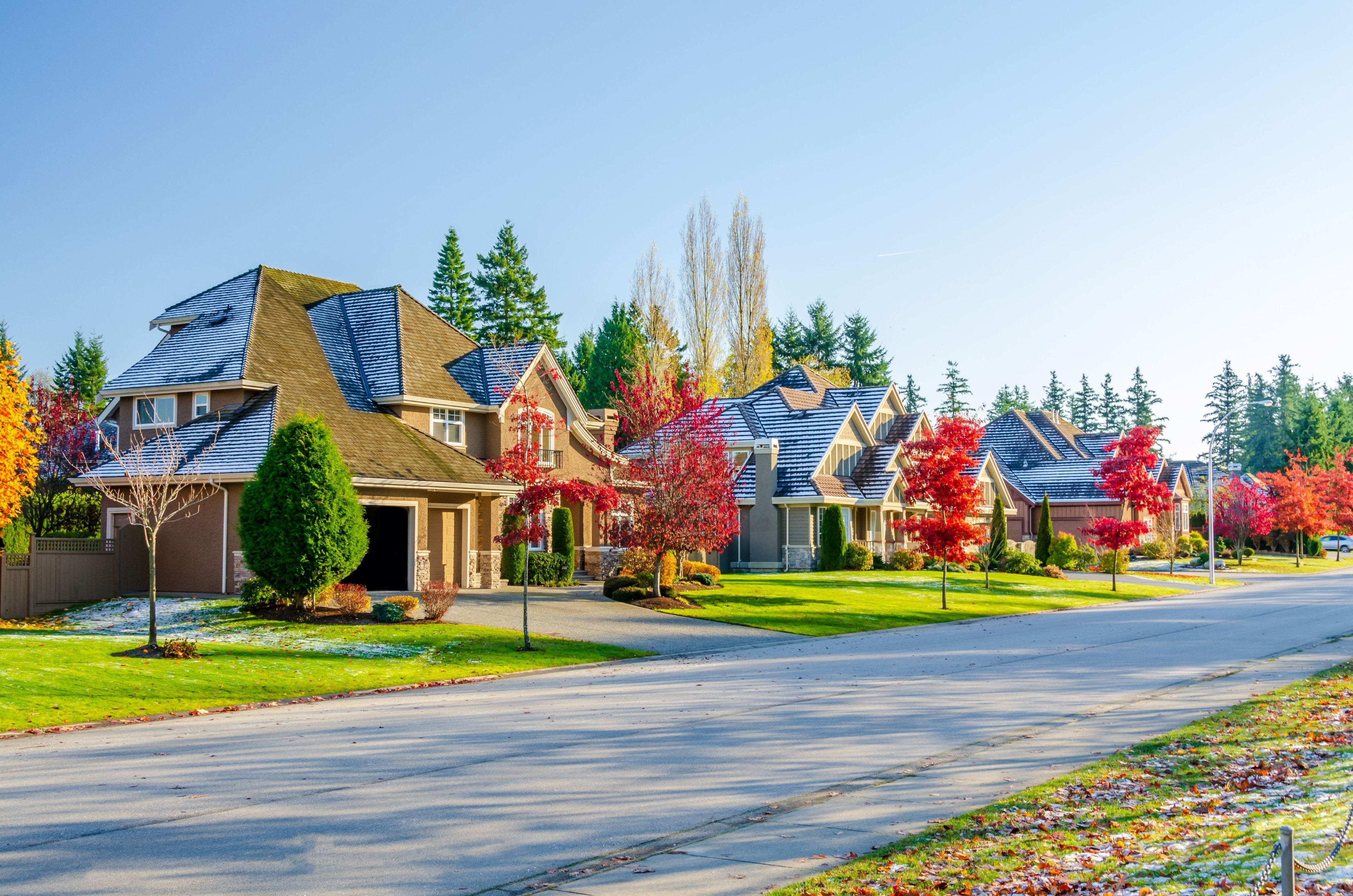 Neighbourhood of luxury houses with street road, big trees and nice landscape in Vancouver, Canada. Blue sky. Day time on September 2021.