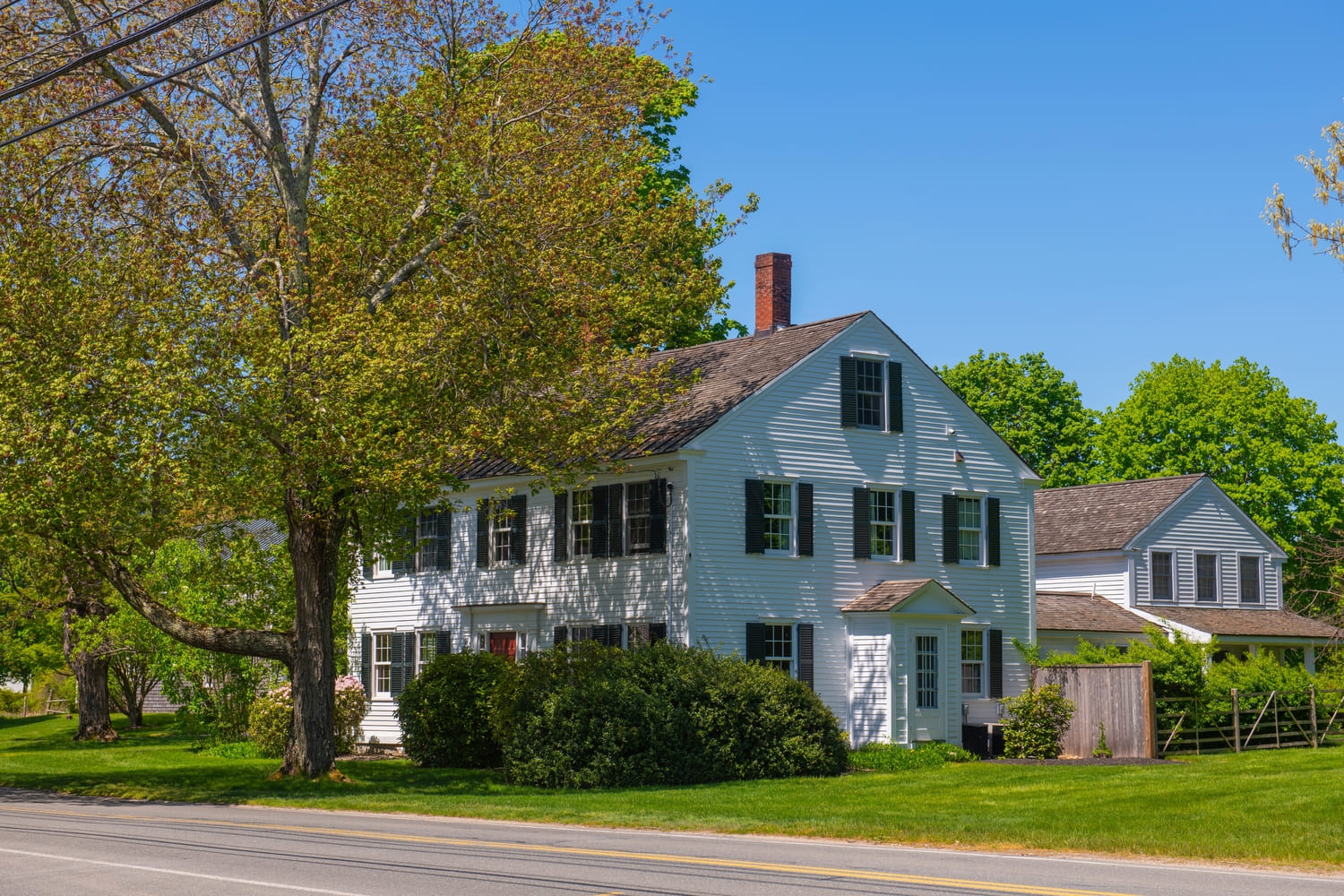 Historic residential building on Elm Street in historic town center of Boxford, Massachusetts MA, USA.