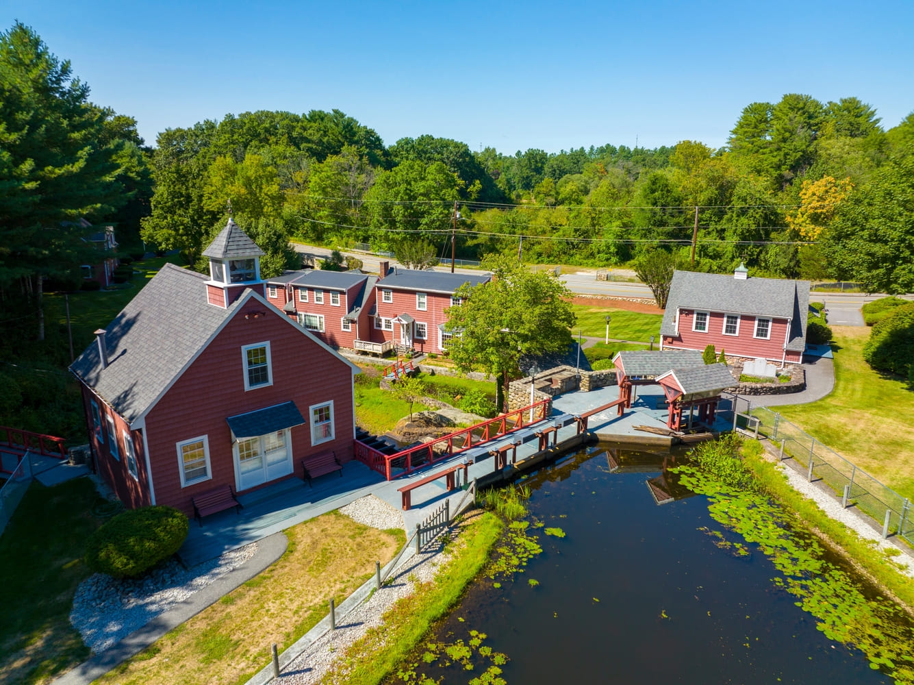 Russell Mill aerial view on River Meadow Brook in Russell Millpond in town of Chelmsford, Massachusetts MA, USA.