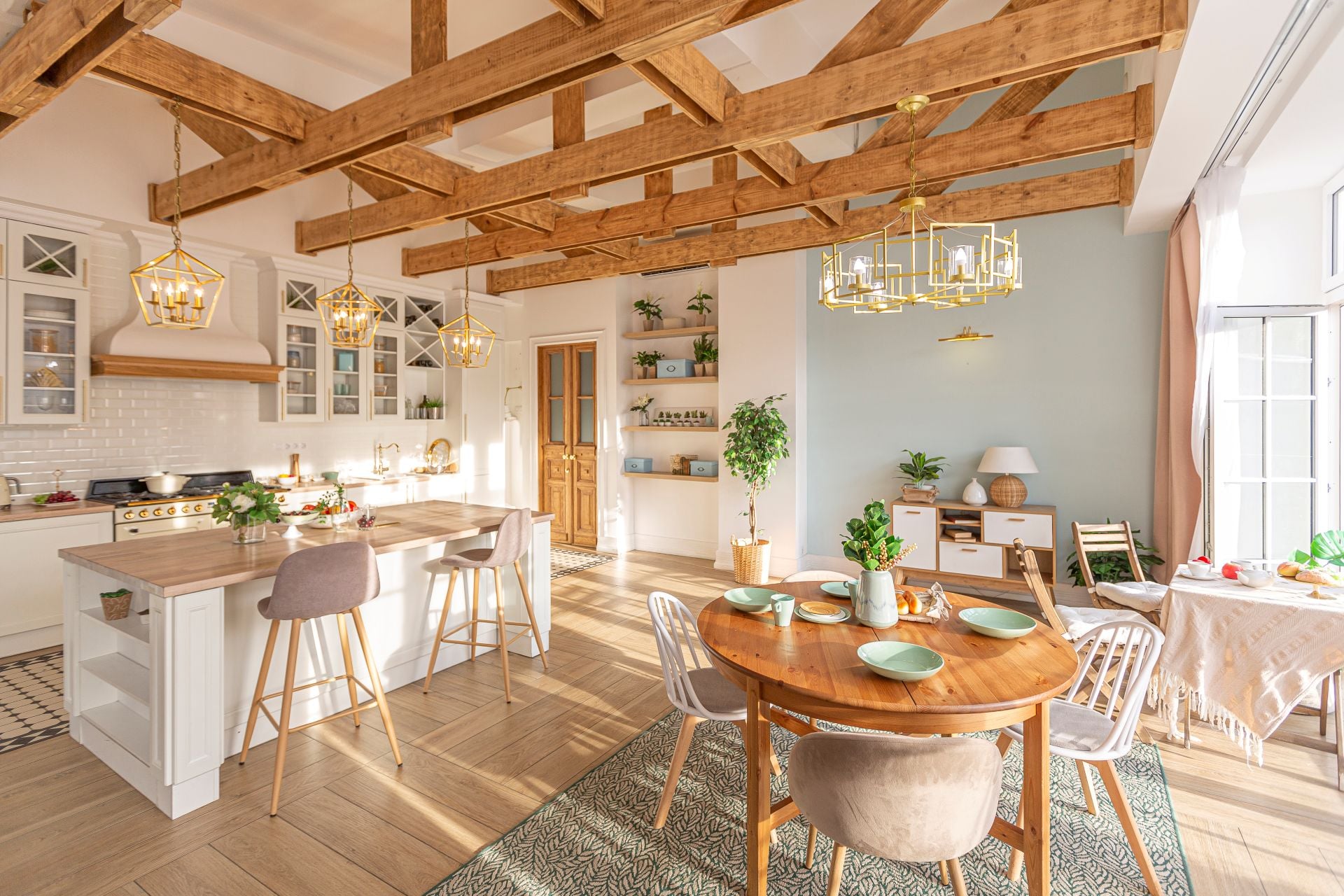 modern expensive luxurious open-plan apartment. Rich Scandinavian-style interior with wooden beams on the ceiling in pastel color 1
