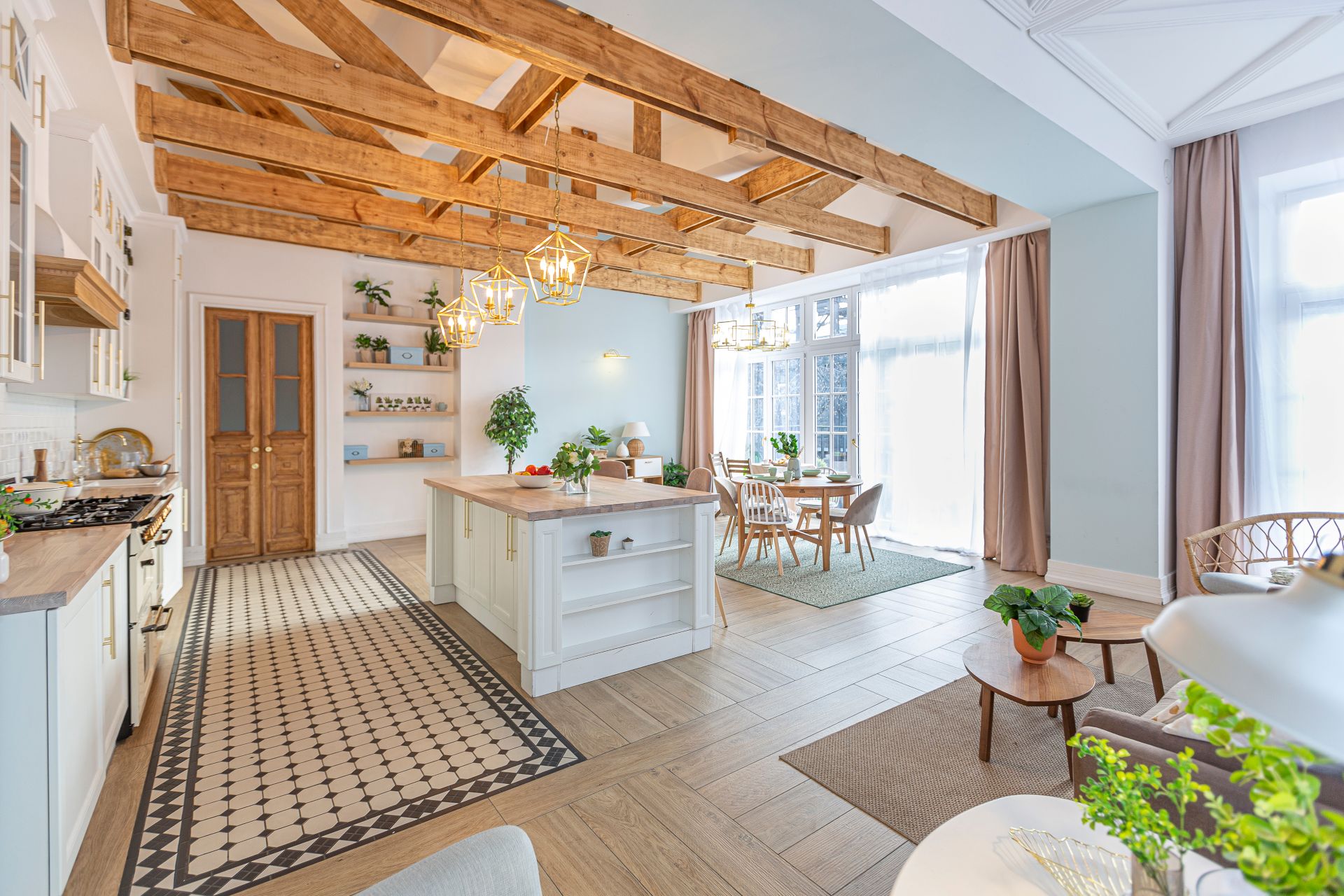 modern expensive luxurious open-plan apartment. Rich Scandinavian-style interior with wooden beams on the ceiling in pastel colors (1)