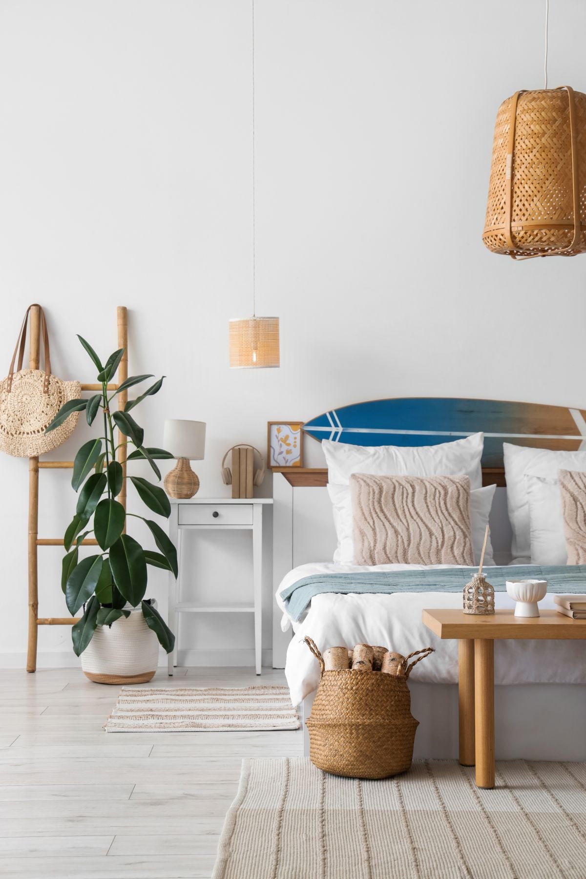 Interior of light bedroom with surfboard, table and ladder
