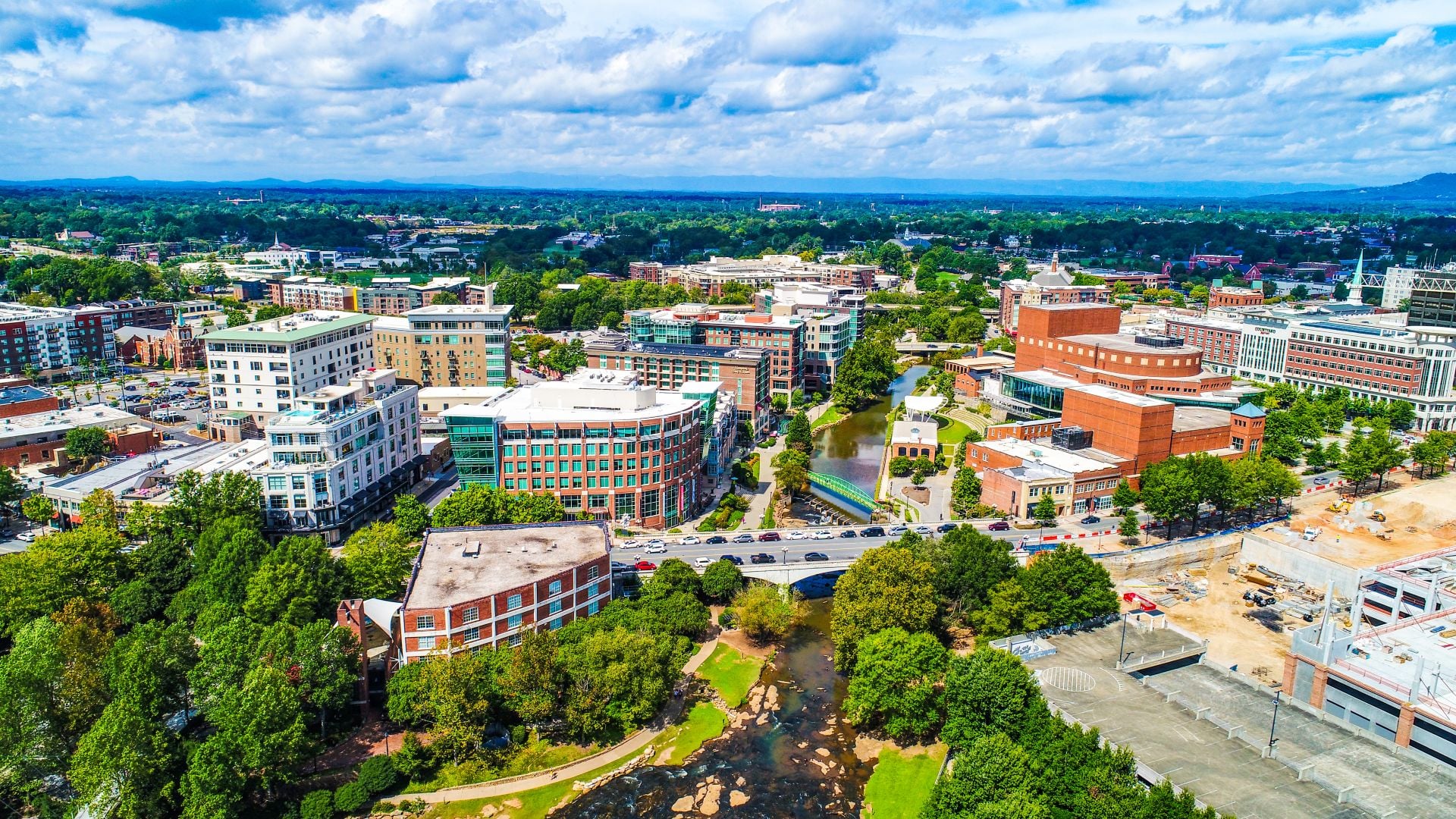 Drone Aerial of River Place and Reedy River in Greenville, South Carolina, USA. (1)