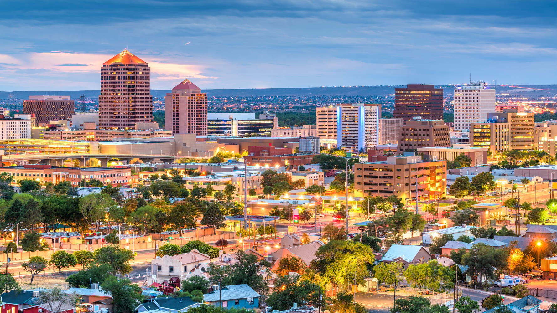 Albuquerque, New Mexico, USA downtown cityscape at twilight.
