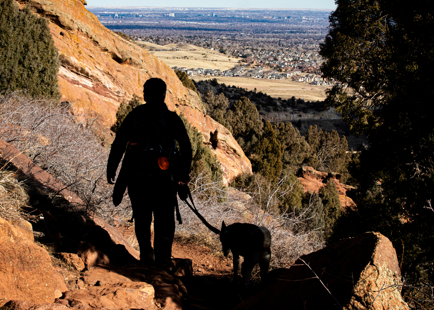 Shadow,Of,Hiker,Walking,Dog,On,Trail,Among,Red,Rock