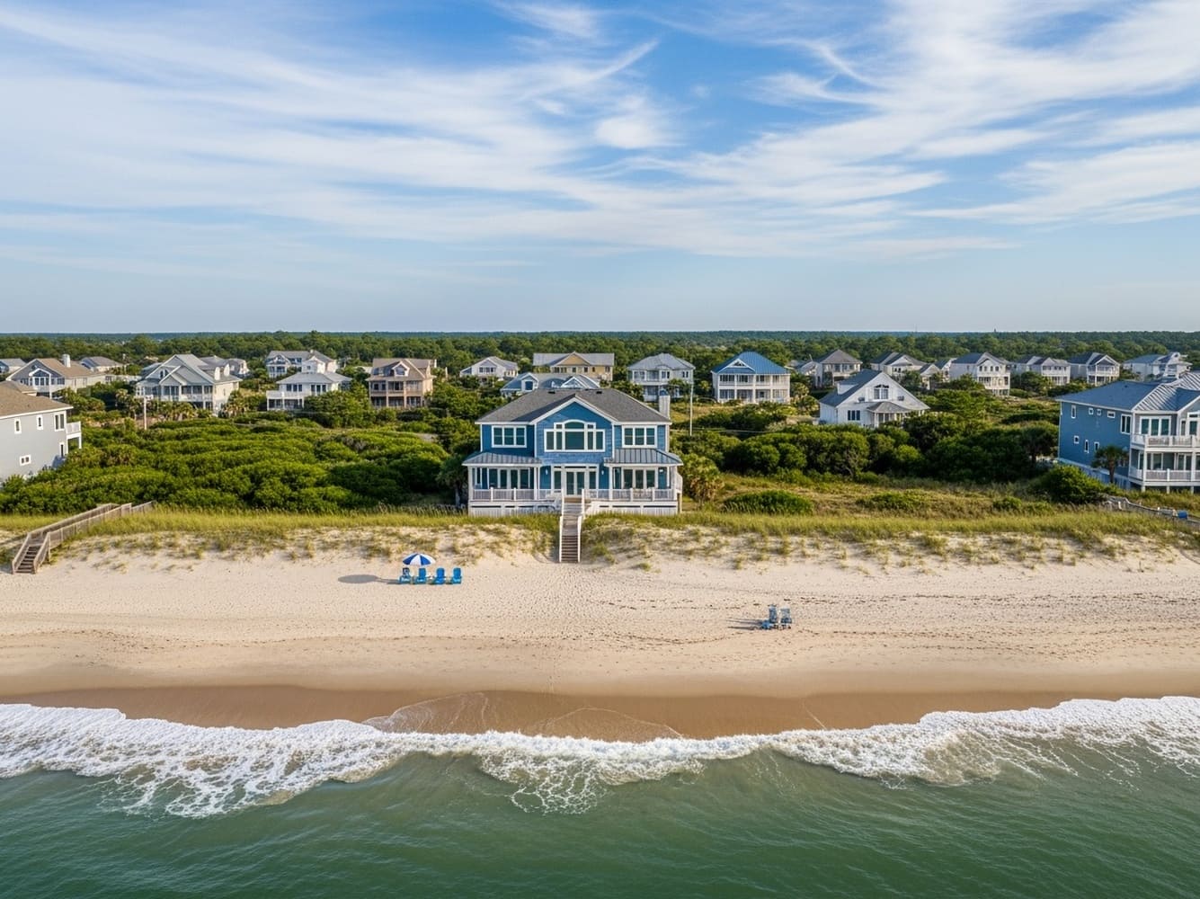 a picturesque duck north carolina beach scene with a 5 bedroom ocean front home with blue siding as viewed from above the ocean looking back on the shore