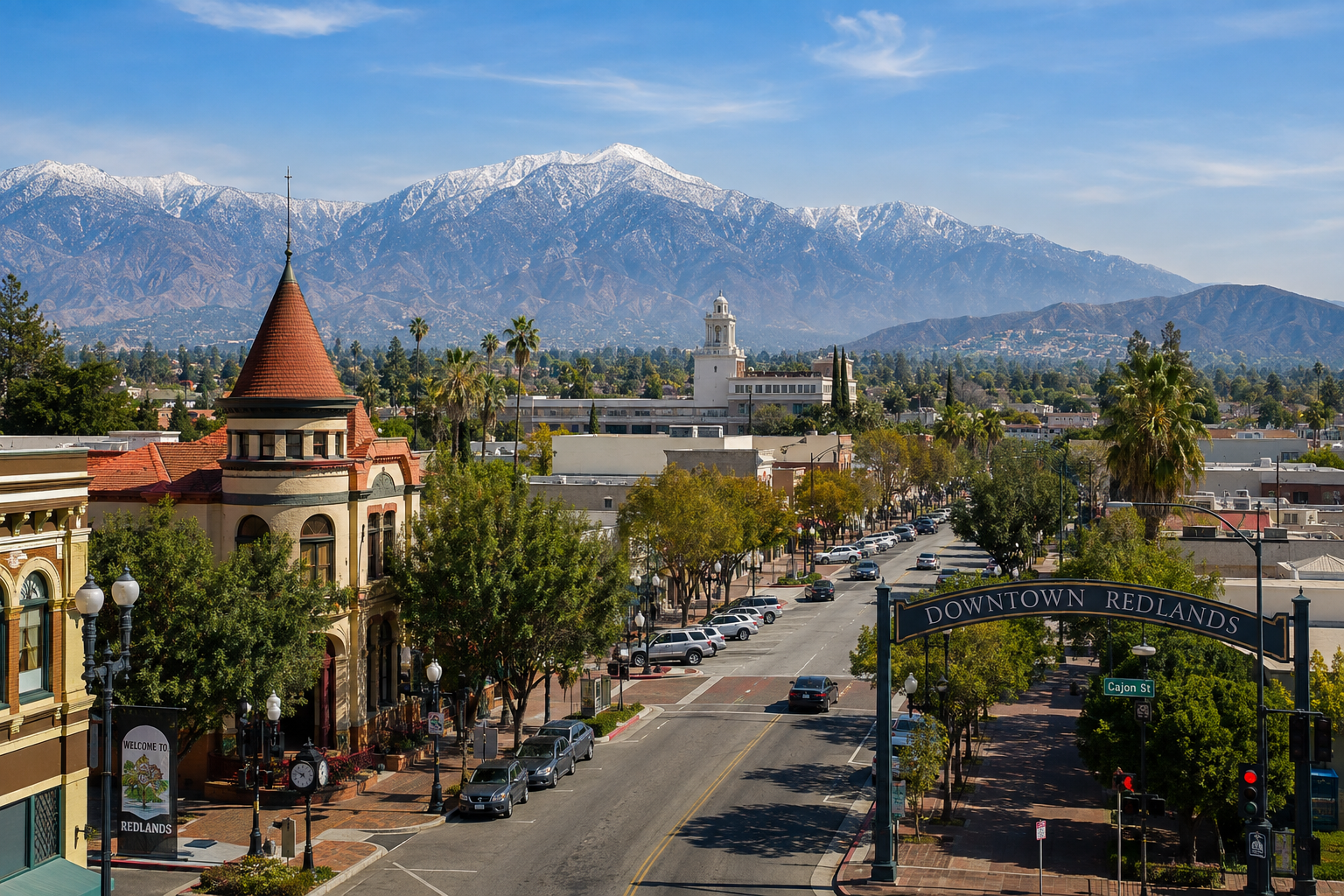 Downtown Redlands California with historic architecture and San Bernardino Mountains in the background