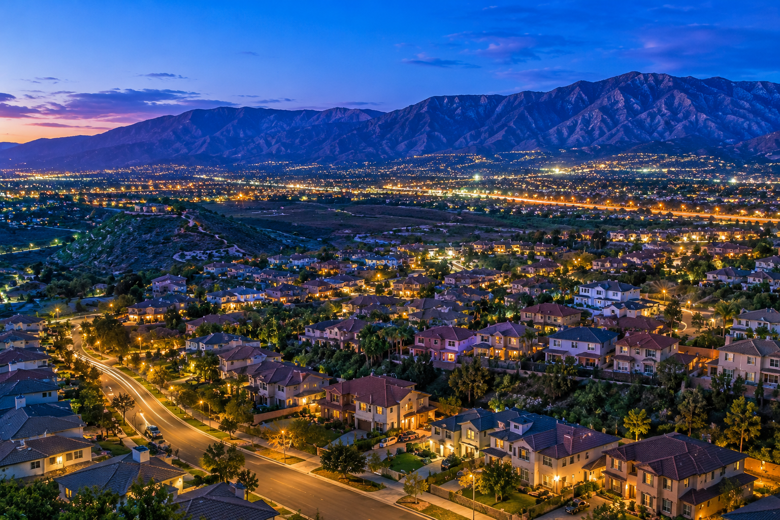 Aerial view of Highland California neighborhoods and San Bernardino Mountains at blue hour
