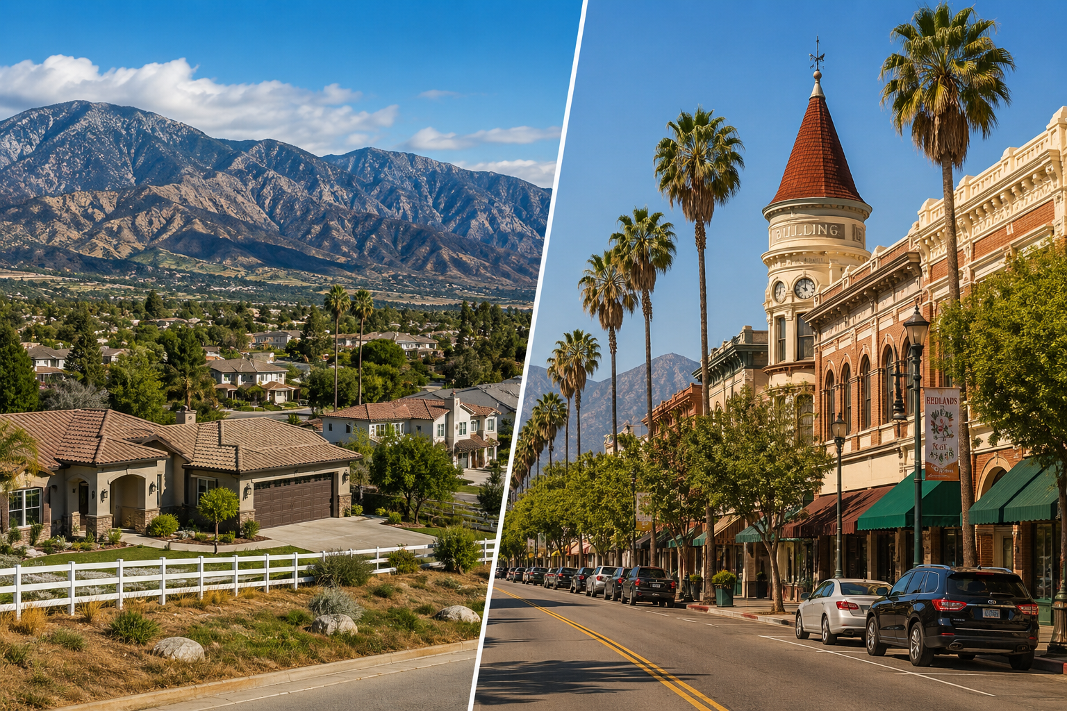 Yucaipa California foothill homes compared with historic Downtown Redlands California
